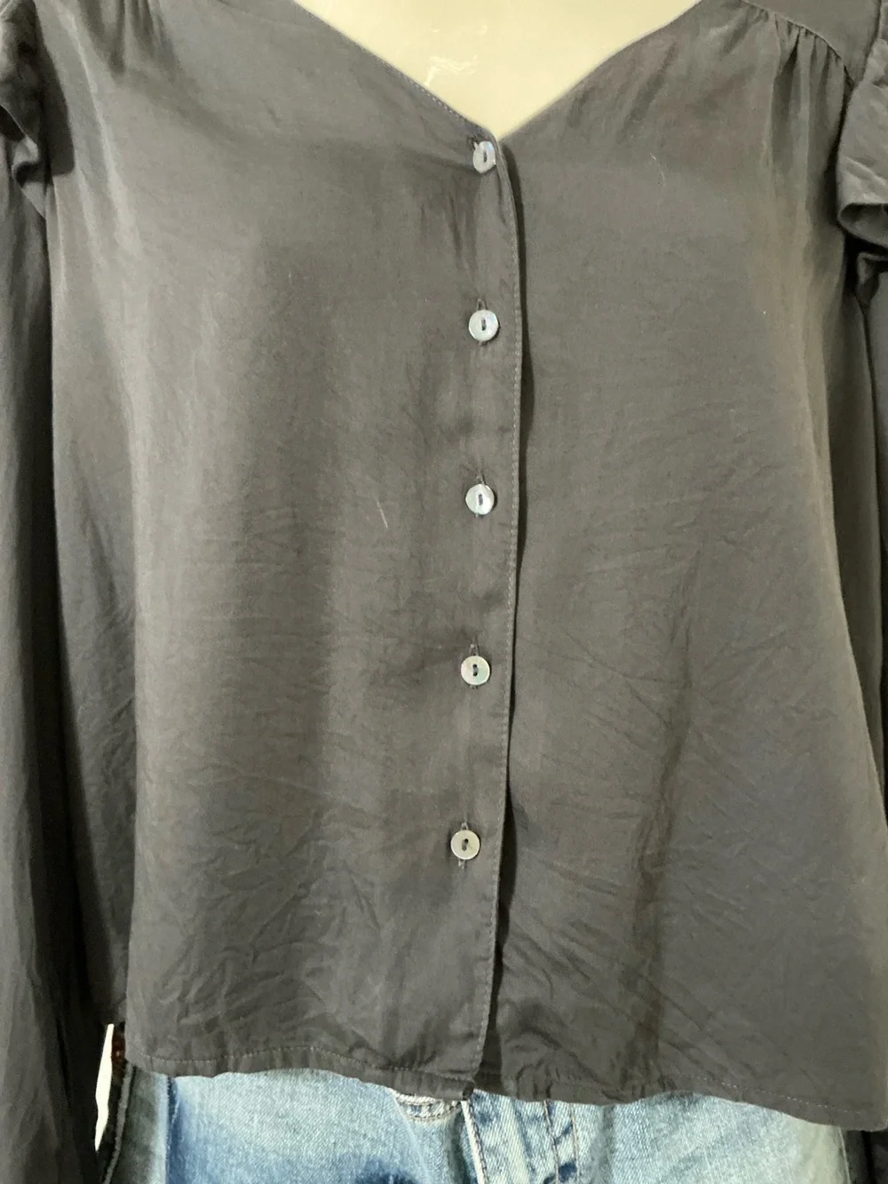 Marine Layer Rory long-sleeve ruffle blouse in charcoal Medium